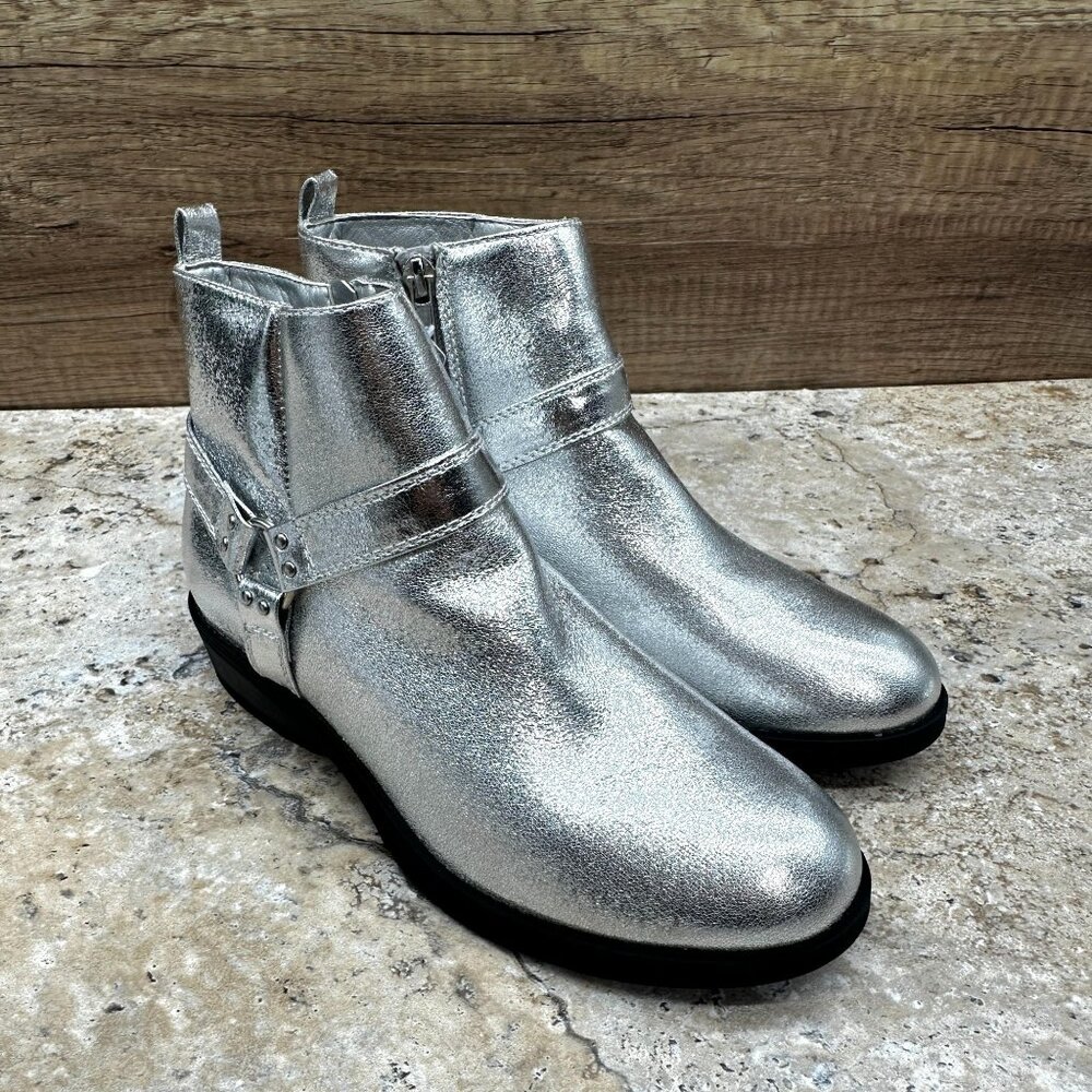 Portland Boot Co Wendy Silver Ankle Boots Girls 4M Metallic Zip Block Heel